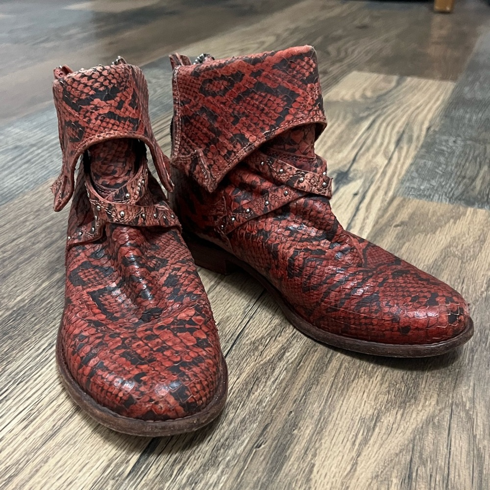 Free People Leather Red Snake Print Ankle Boots
